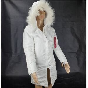 Alpha Industries White Parka Ski Coat Faux Fur Hood Gorpcore Thigh Length Jacket